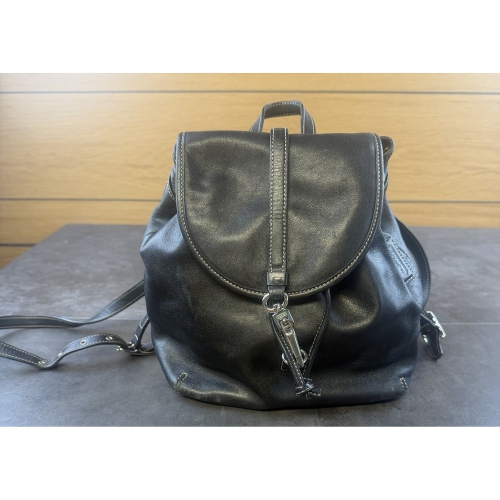 VTG Y2K Coach 9366 Black Leather Drawstring Backpack Purse B43